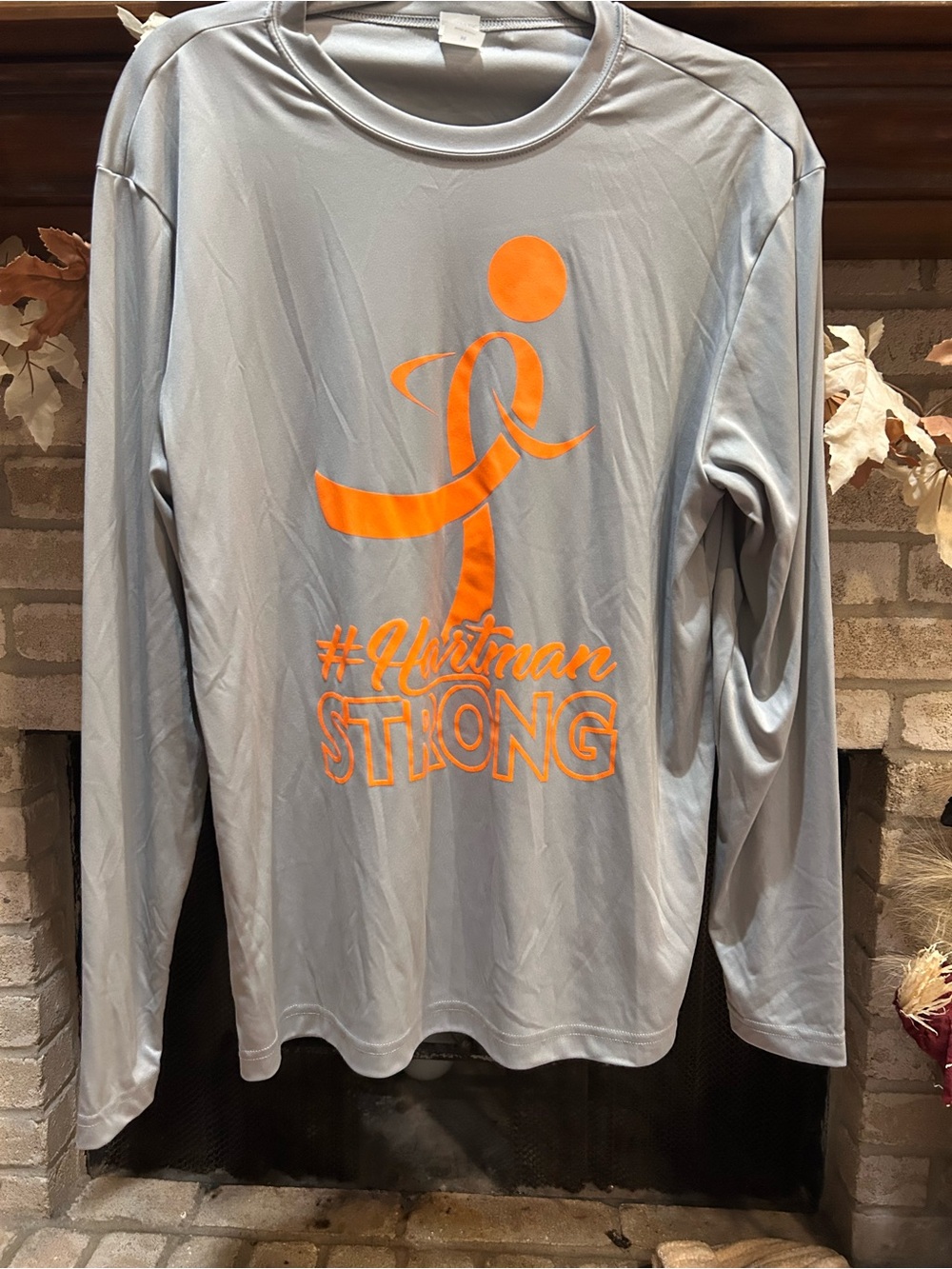 Sport-Tek Light Gray Long-Sleeve Shirt with Bright Orange Graphic EUC